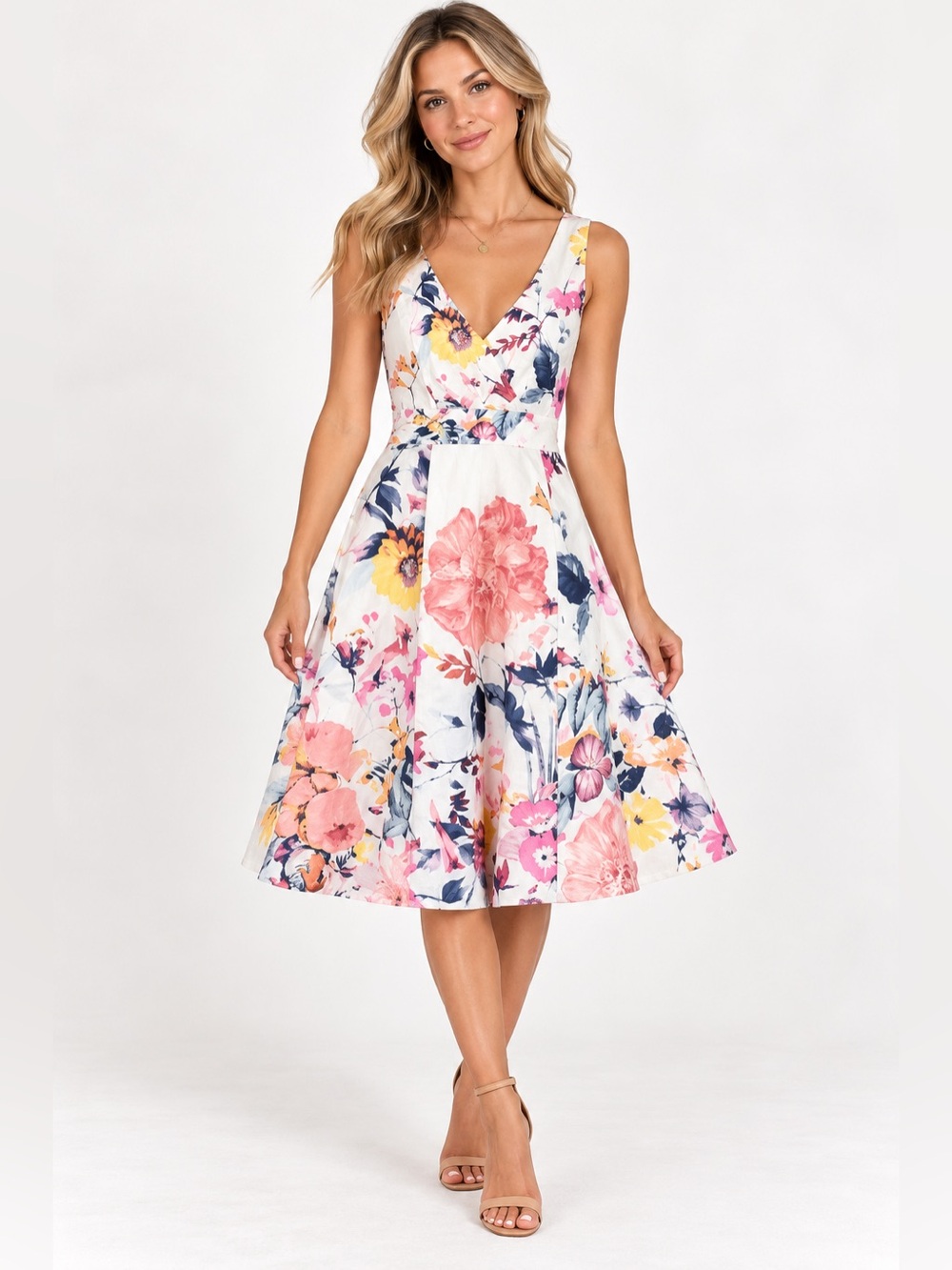 Floral cotton V-Neck White Midi Dress with Navy, Pink & Yellow Blooms sz 4